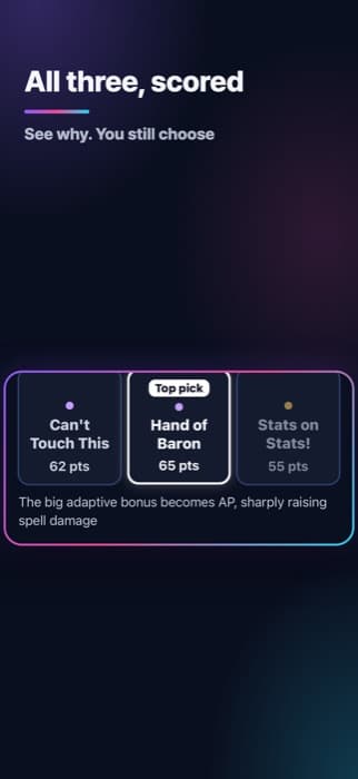 Scores for all three augments and the reason for the pick